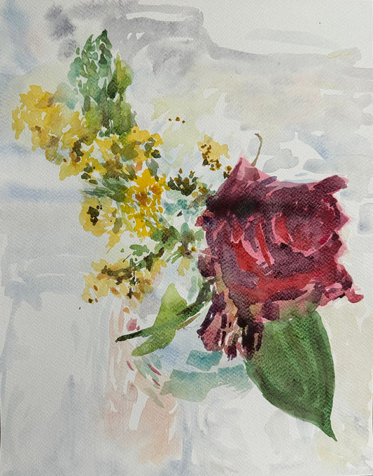 October Rose with Yellow - Cynthia Coffield Fine Art