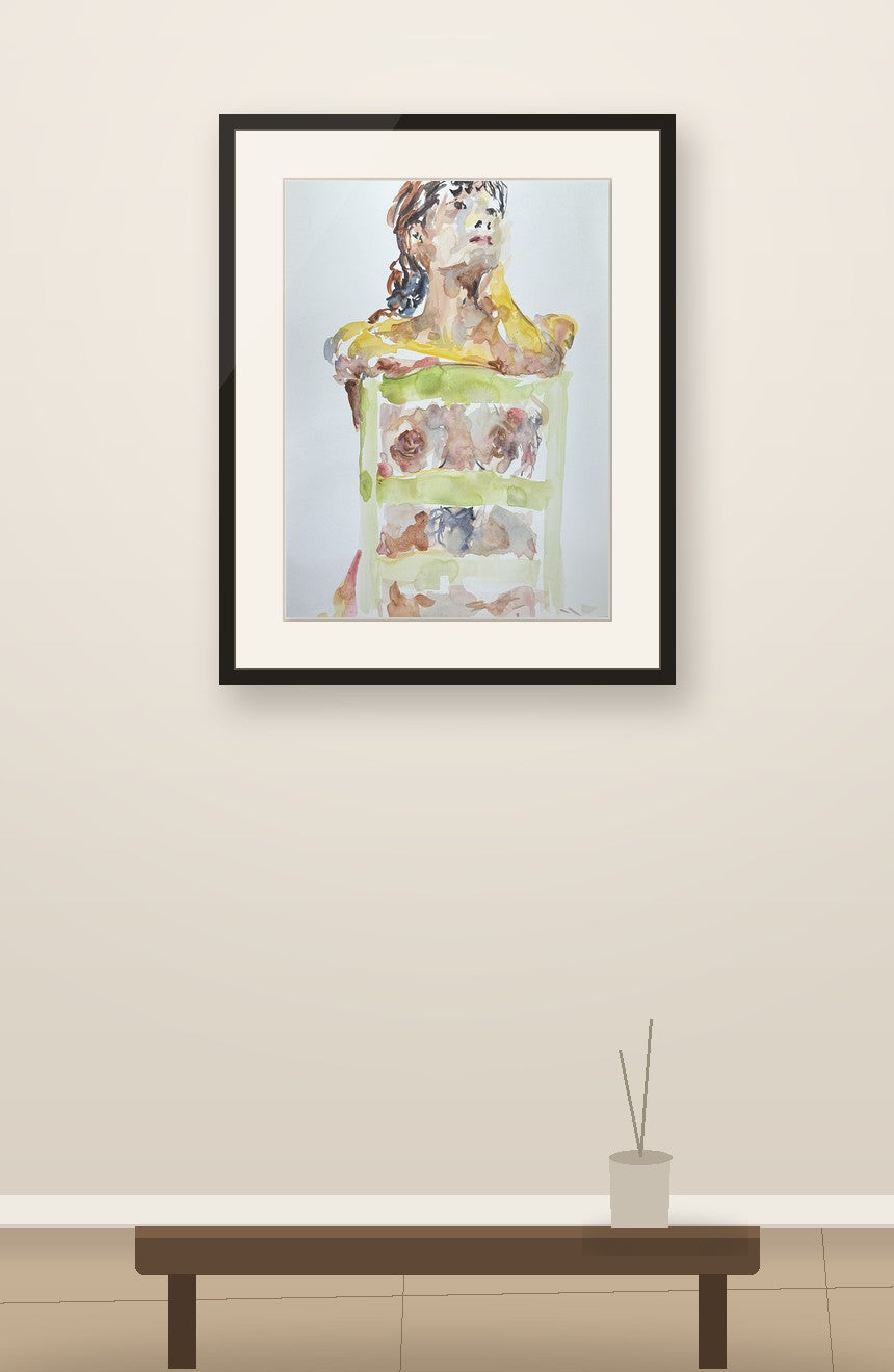 An original watercolor by Cynthia Coffield, framed and hung above a console